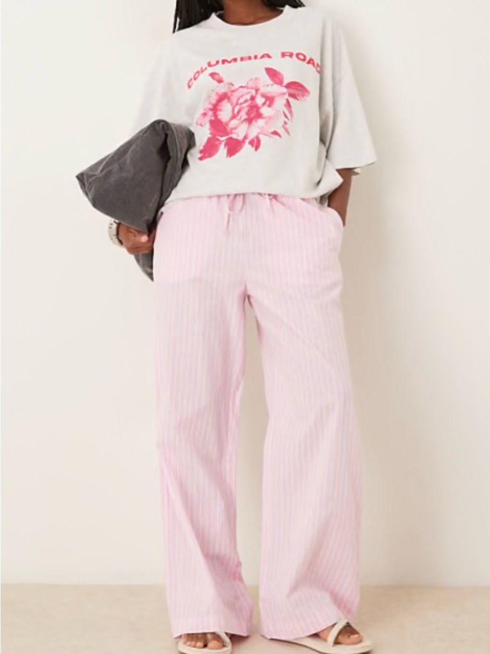Gina tricot asos pink stripe poplin relaxed straight wide leg pants cotton
